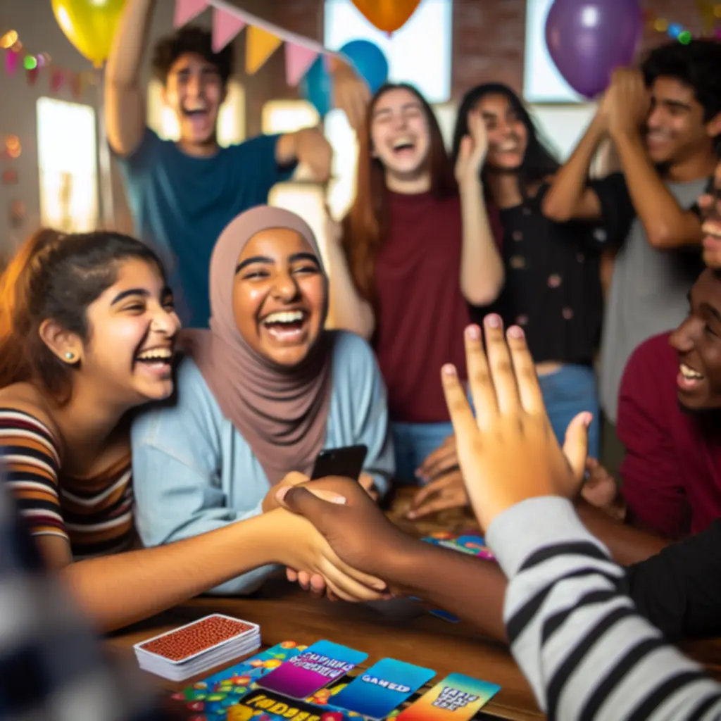 Przyjaciele śmiejący się i grający w Heads Up! podczas wydarzenia