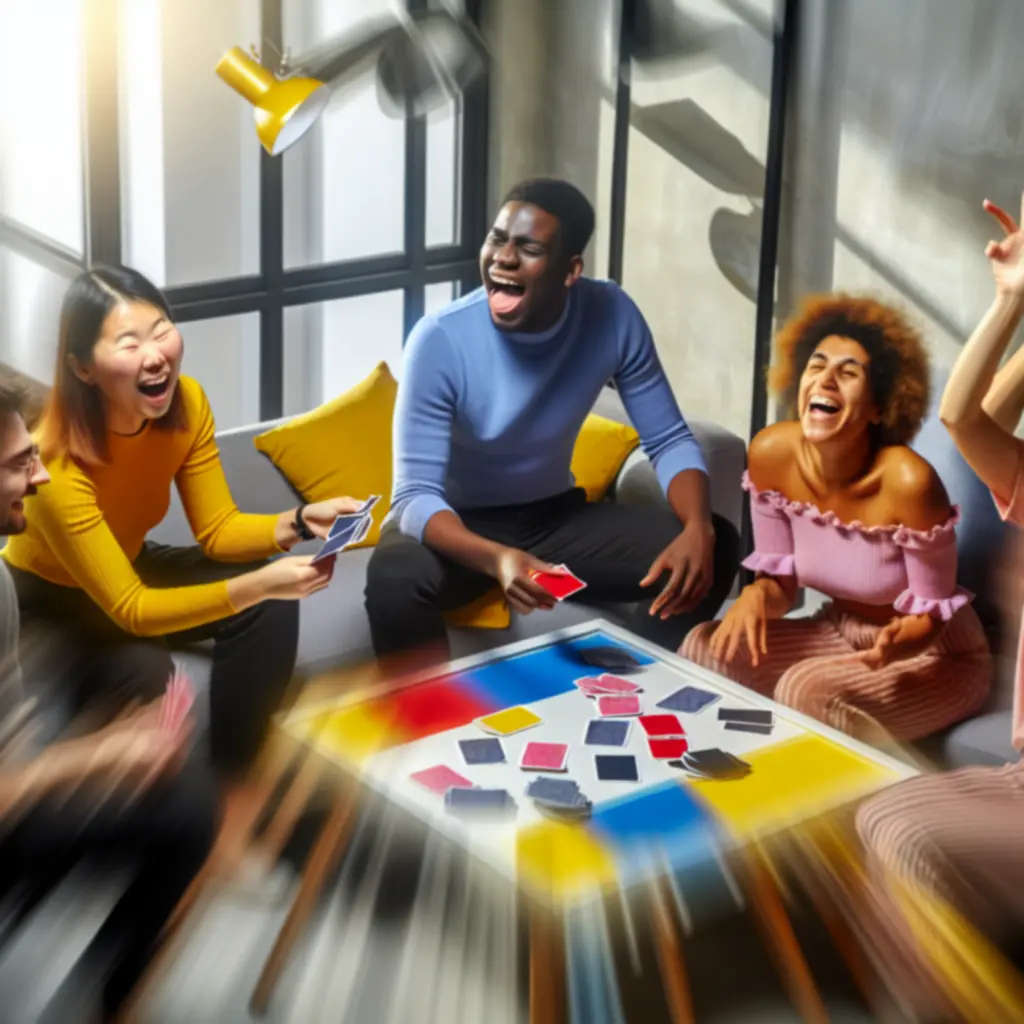 Grupa przyjaciół grająca w Heads Up! z kolorowymi taliami kart