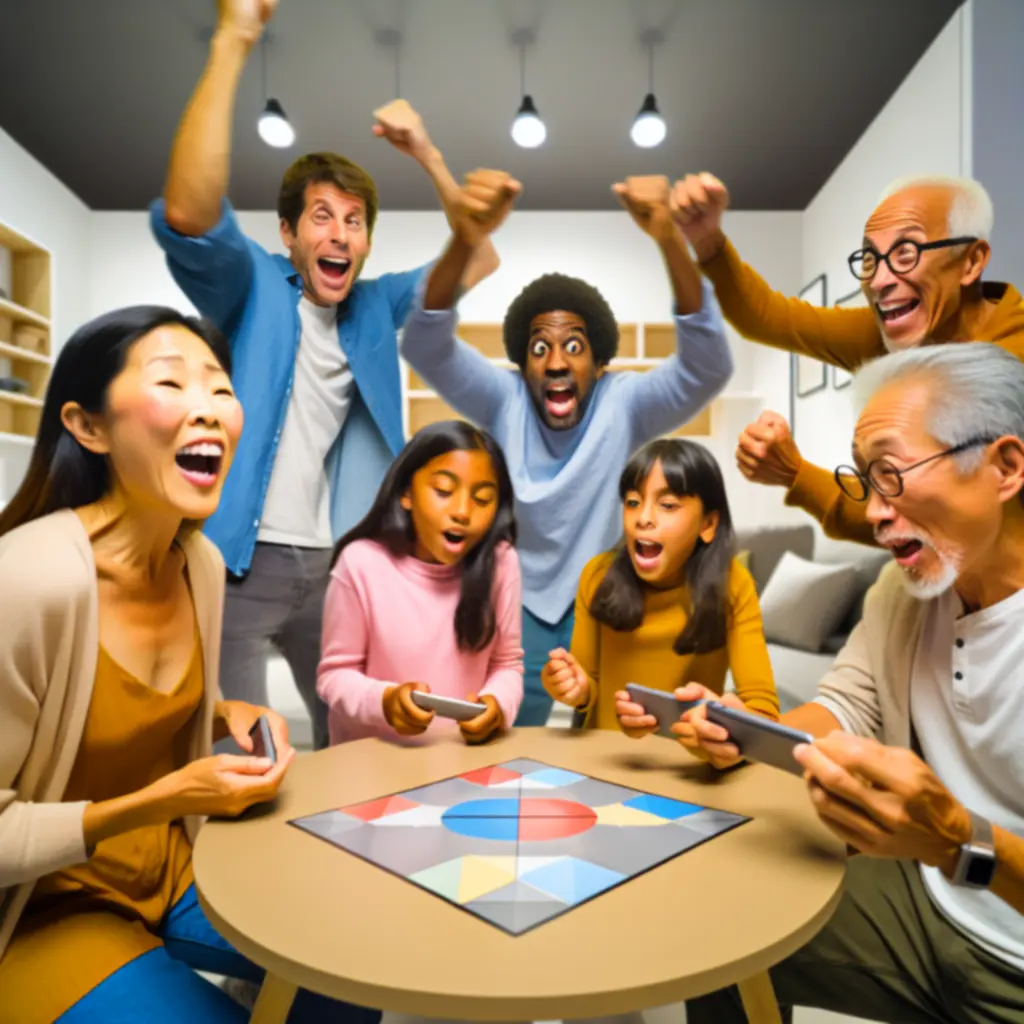 Przyjaciele i rodzina śmiejący się razem podczas grania w Heads Up!