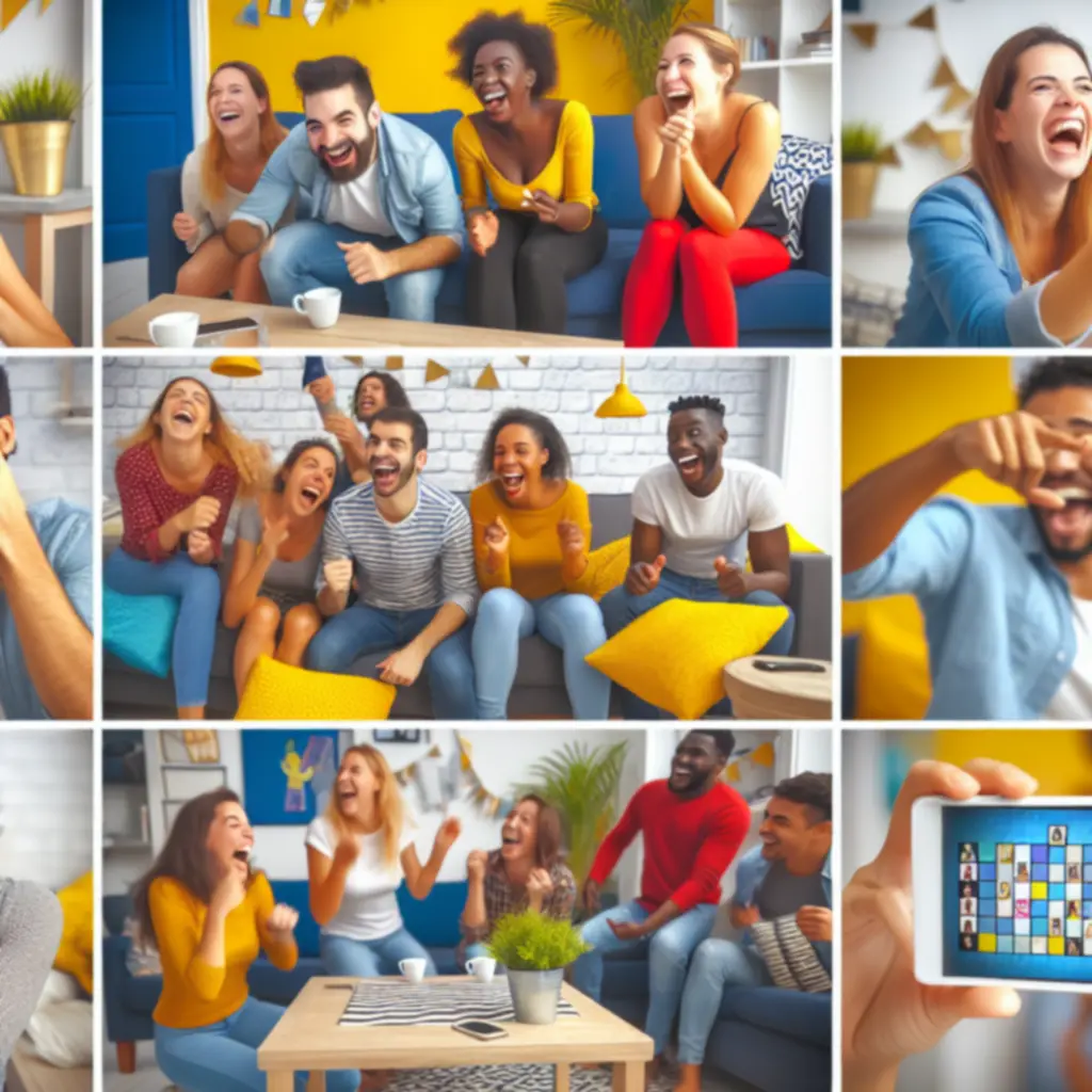 Grupa przyjaciół śmieje się podczas gry Heads Up na imprezie